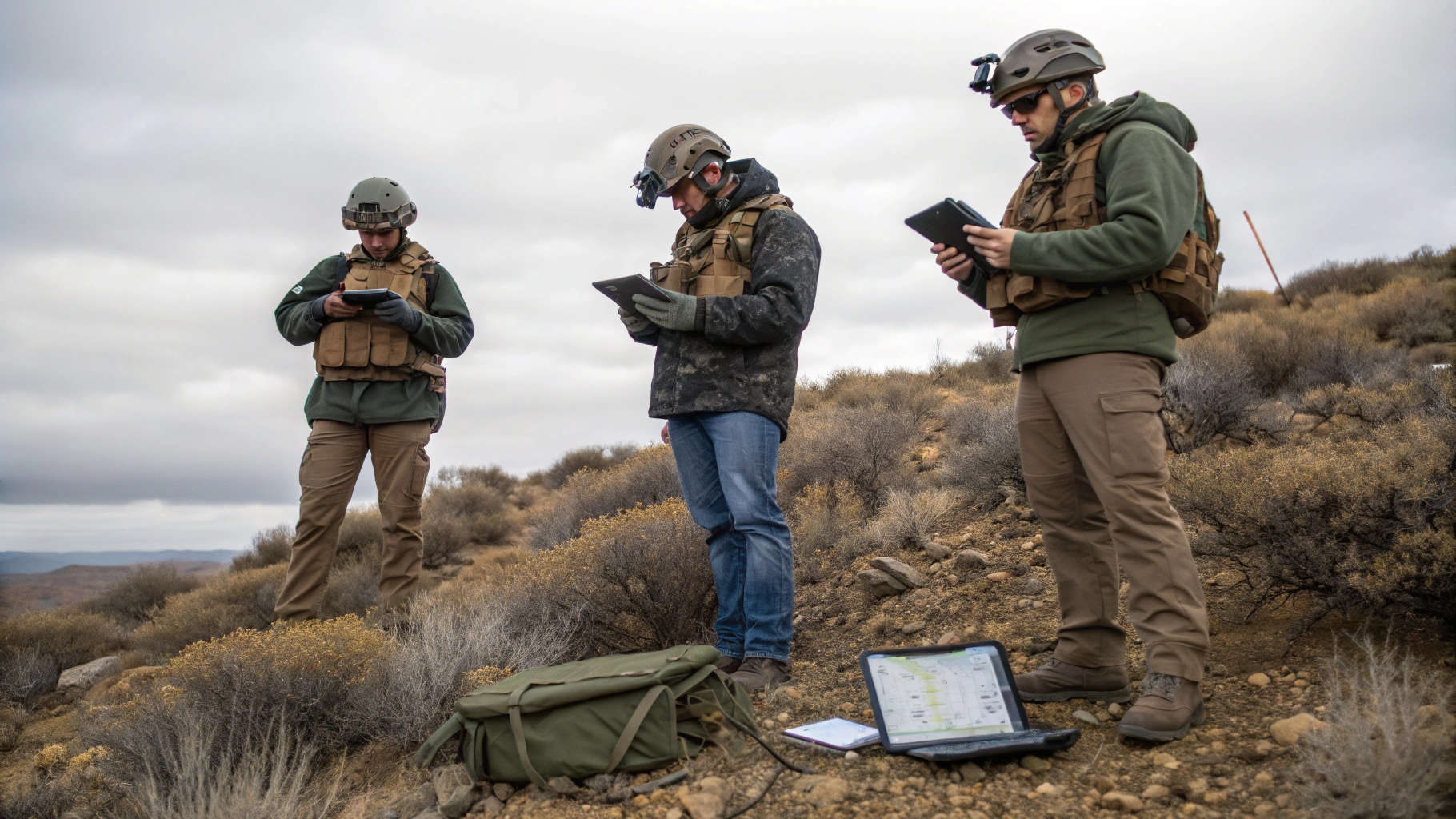 Veteran-led team conducting field research in a secure, rugged environment